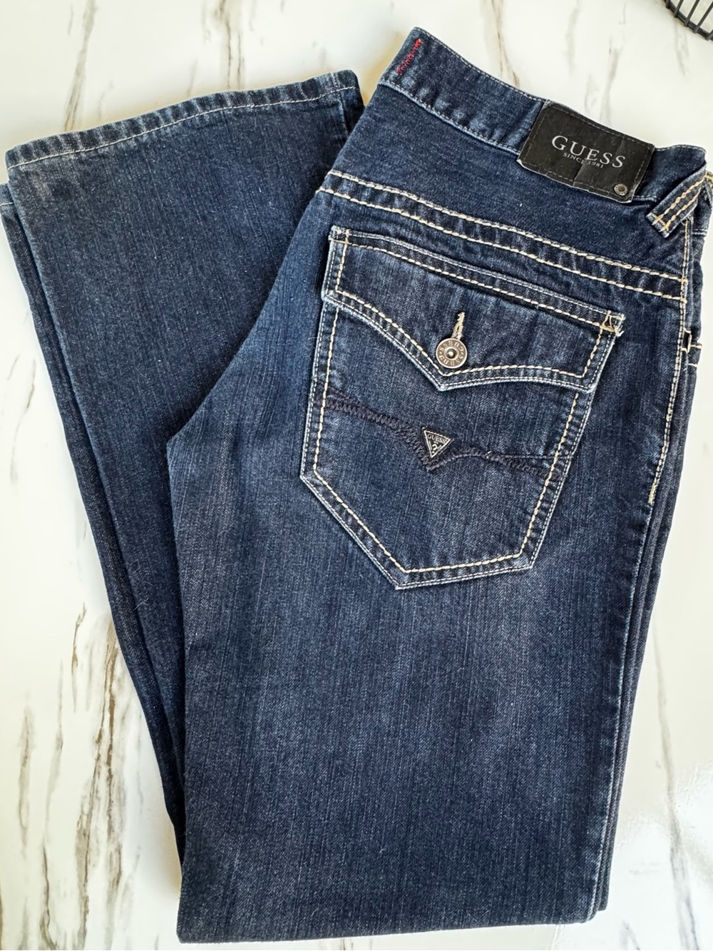 GUESS Men’s Dark Blue Bootcut Jeans with Branded Back Pocket